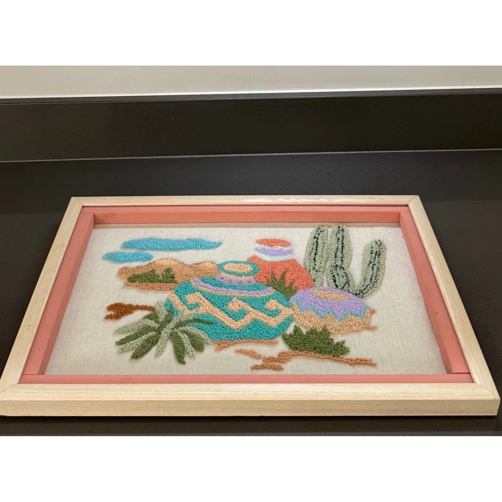 Vintage Southwestern Punch‎ Needle Art Framed Desert Cactus Pottery Textile Boho